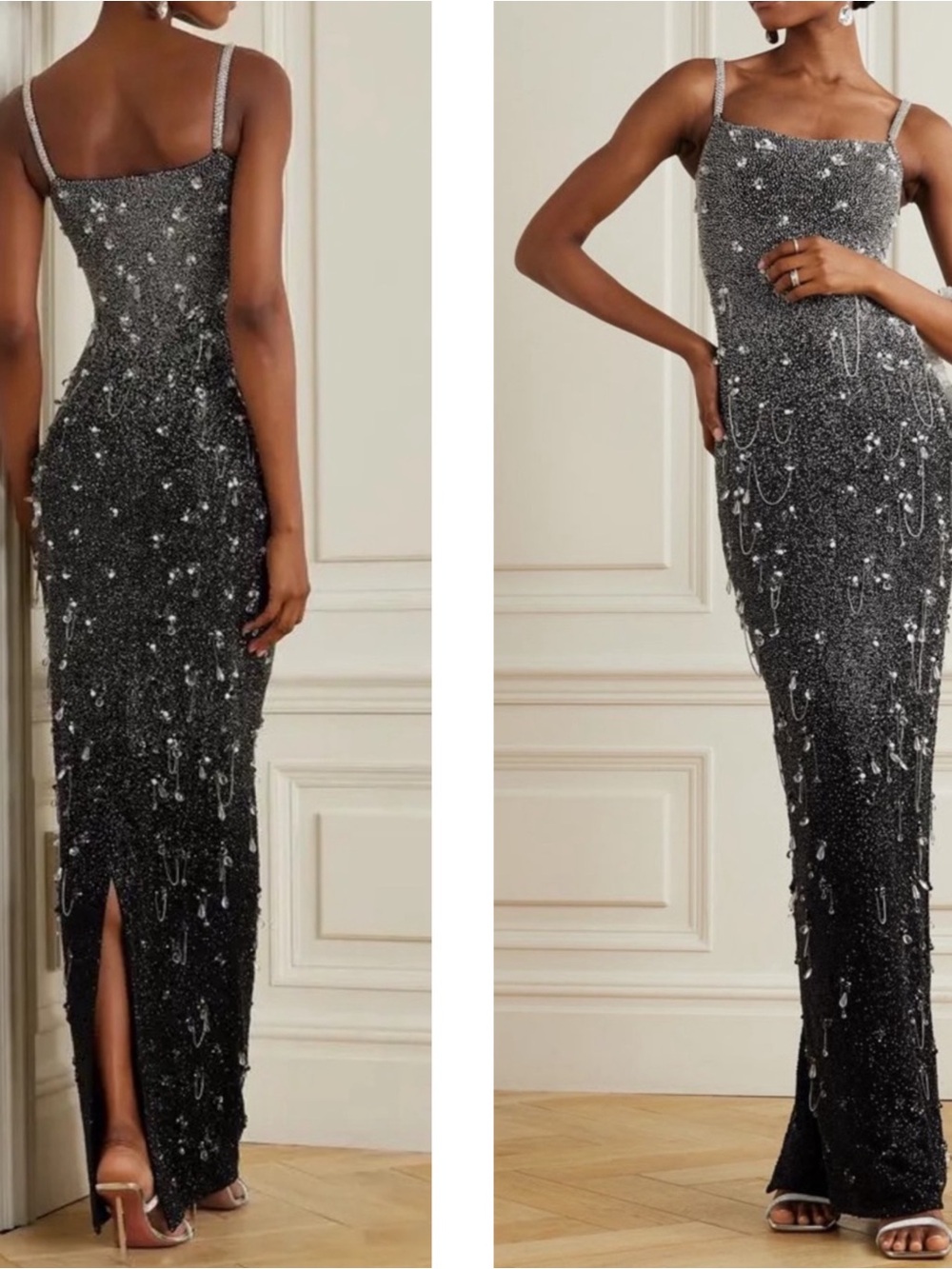 CLIO PEPPIATT Diamond Crystal Bead Embellished Fringe Black Maxi Dress Size S